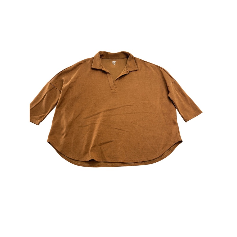 Crown & Ivy Womens XS Oversized Polo Shirt Brown Solid 3/4 Sleeve V-Neck Casual